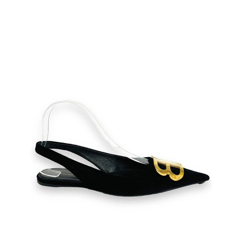 BALENCIAGA Black Velvet BB Knife Logo Slingback Pointed Toe Flats Size 36 US 6